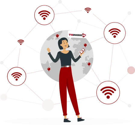 Illustration of a person standing in front of a globe holding a smartphone, surrounded by multiple Wi-Fi symbols connected by dotted lines, representing internet service providers. The person is wearing red pants and a black top, and appears to be interacting with the symbols.