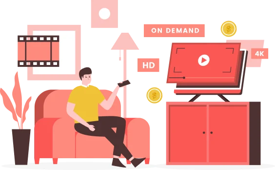 A person sits on a red couch using a remote control, pointing towards a red television on a cabinet. The TVBroadbandNow screen displays a play button icon. Surrounding the TV are icons for "ON DEMAND," "HD," "4K," and dollar symbols, representing various streaming options from the best TV and broadband deals.